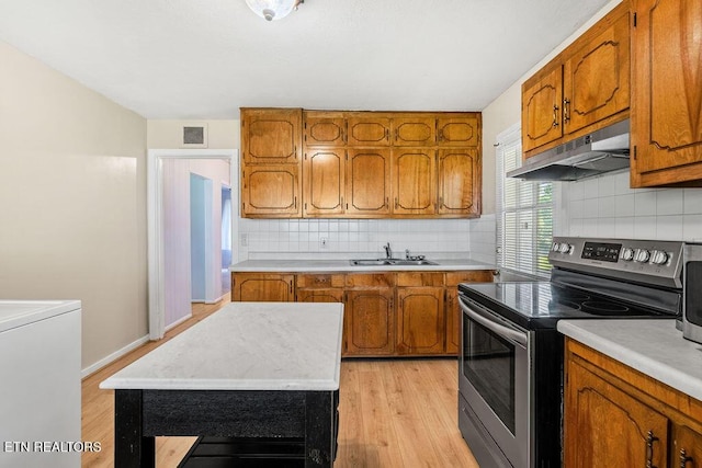 kitchen featuring a sink, brown cabinetry, stainless steel range with electric stovetop, visible vents, and under cabinet range hood