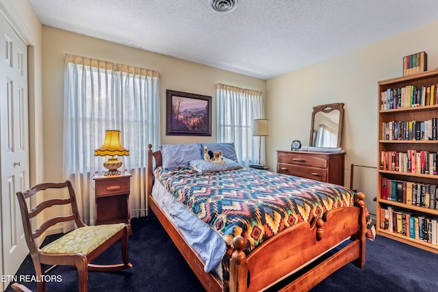 carpeted bedroom with multiple windows, visible vents, and a textured ceiling