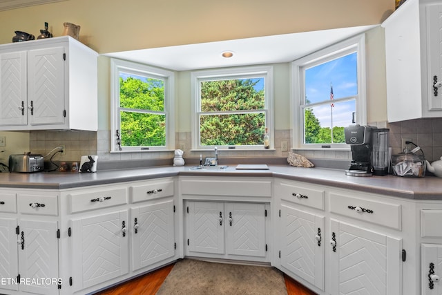 kitchen featuring white cabinetry, tasteful backsplash, wood finished floors, and a sink
