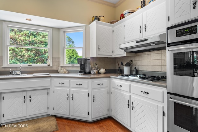 kitchen featuring a sink, a healthy amount of sunlight, crown molding, white cabinetry, and under cabinet range hood