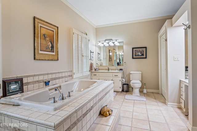 bathroom featuring toilet, vanity, ornamental molding, tile patterned flooring, and a bath