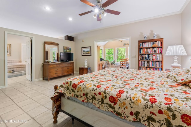 bedroom with ornamental molding, baseboards, light tile patterned floors, and recessed lighting