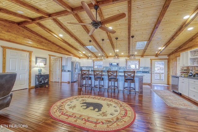 1898 Kennedy Way, Del Rio, TN 37727 - dining area with dark wood-style floors, ceiling fan, wooden ceiling, and recessed lighting