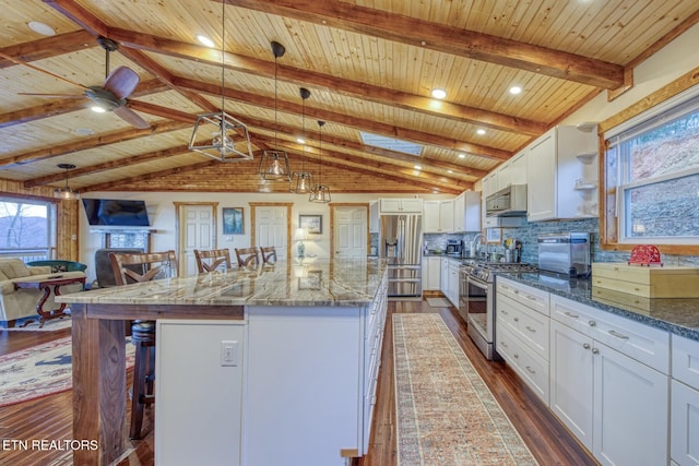1898 Kennedy Way, Del Rio, TN 37727 - kitchen featuring appliances with stainless steel finishes, wooden ceiling, white cabinetry, open floor plan, and a breakfast bar area