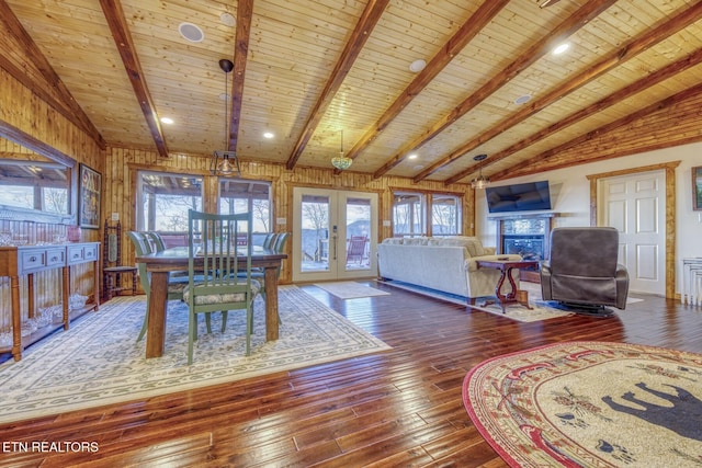 1898 Kennedy Way, Del Rio, TN 37727 - dining room featuring wood ceiling, wood-type flooring, french doors, wooden walls, and a fireplace