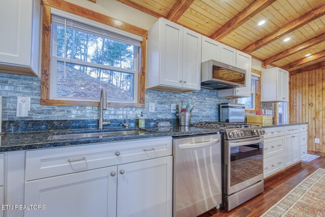 1898 Kennedy Way, Del Rio, TN 37727 - kitchen featuring stainless steel appliances, wooden ceiling, a sink, dark wood-style flooring, and white cabinets