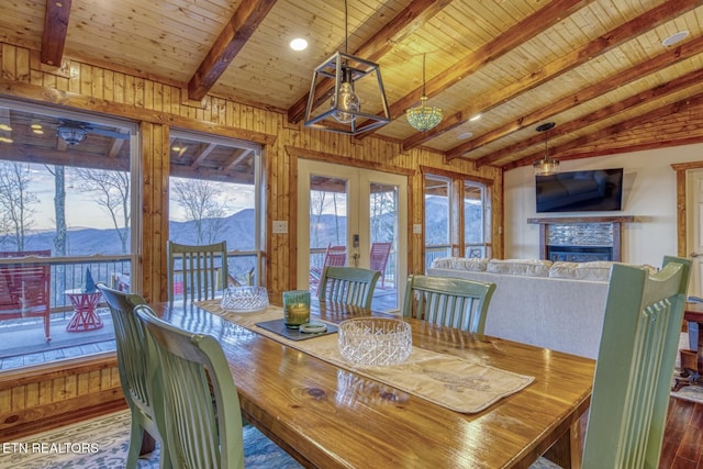 1898 Kennedy Way, Del Rio, TN 37727 - dining area with french doors, a mountain view, wood finished floors, a tiled fireplace, and wooden ceiling