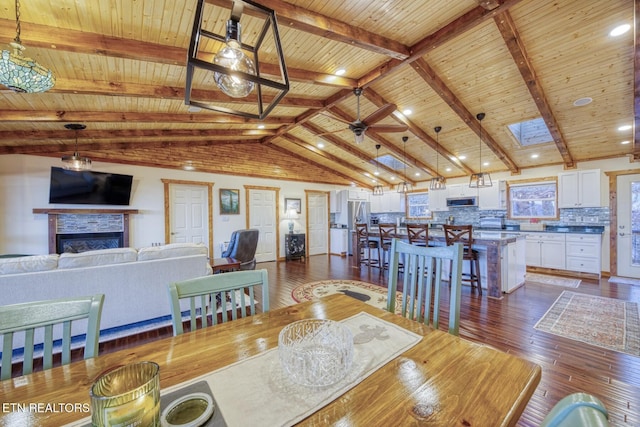 1898 Kennedy Way, Del Rio, TN 37727 - living room with wooden ceiling, a fireplace, ceiling fan, dark wood finished floors, and recessed lighting