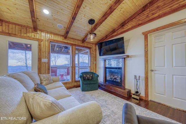 1898 Kennedy Way, Del Rio, TN 37727 - living area with hardwood / wood-style floors, wooden ceiling, a fireplace, and wooden walls
