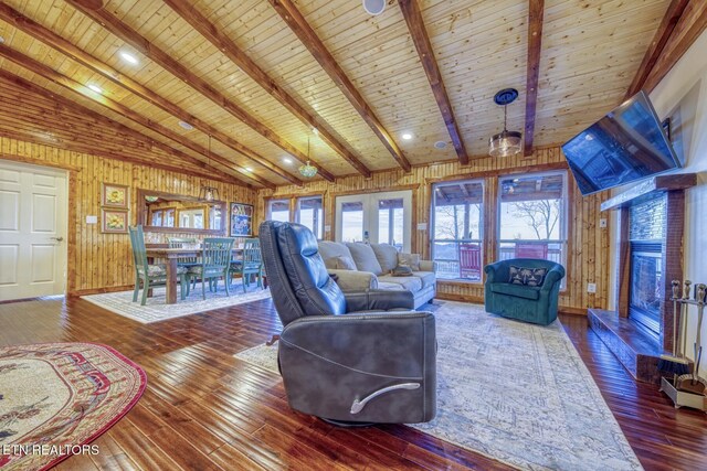 1898 Kennedy Way, Del Rio, TN 37727 - living room featuring wood ceiling, wood-type flooring, wood walls, and a fireplace