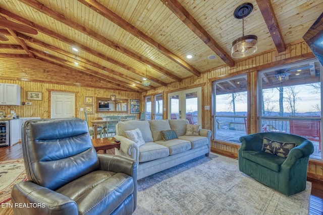 1898 Kennedy Way, Del Rio, TN 37727 - living room featuring wood-type flooring, wooden ceiling, and wood walls
