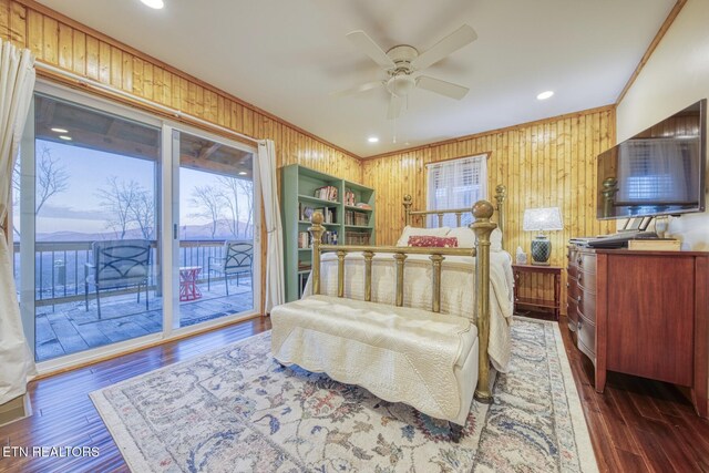 1898 Kennedy Way, Del Rio, TN 37727 - bedroom featuring wood walls, access to exterior, multiple windows, wood finished floors, and recessed lighting