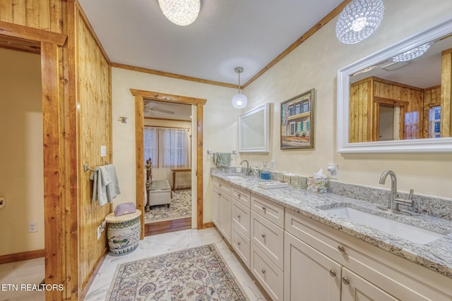1898 Kennedy Way, Del Rio, TN 37727 - full bathroom with marble finish flooring, double vanity, crown molding, and baseboards