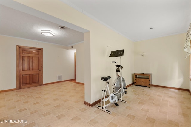 workout area featuring ornamental molding, baseboards, stone finish flooring, and a textured ceiling