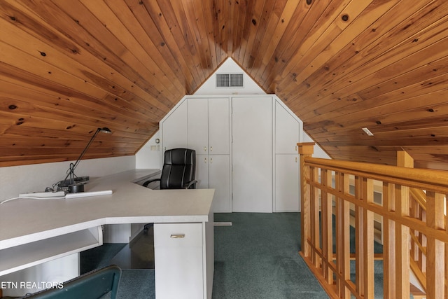 unfurnished office with vaulted ceiling, wood ceiling, and dark carpet