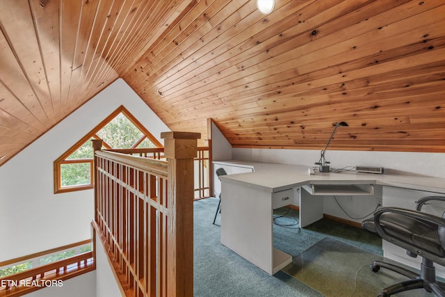 office space with carpet floors, wood ceiling, and vaulted ceiling