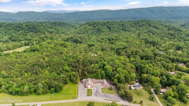 drone / aerial view of a heavily wooded area and a mountain backdrop