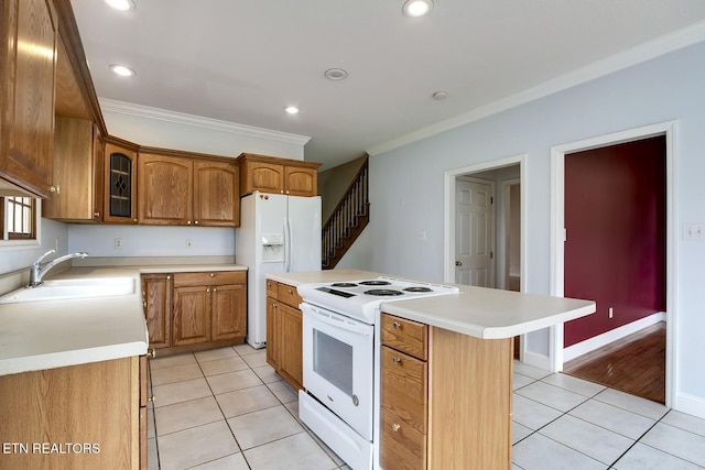 2000 Robinson Dr, Lenoir City, TN 37772 - kitchen with white appliances, a sink, light tile patterned floors, ornamental molding, and brown cabinets