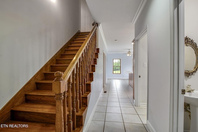 2000 Robinson Dr, Lenoir City, TN 37772 - stairs with crown molding, tile patterned flooring, ceiling fan, and baseboards