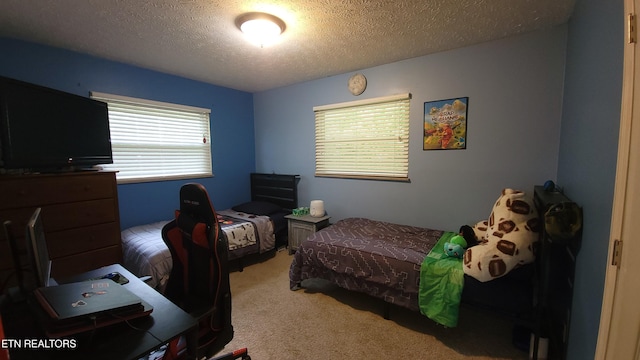 bedroom with a textured ceiling and carpet