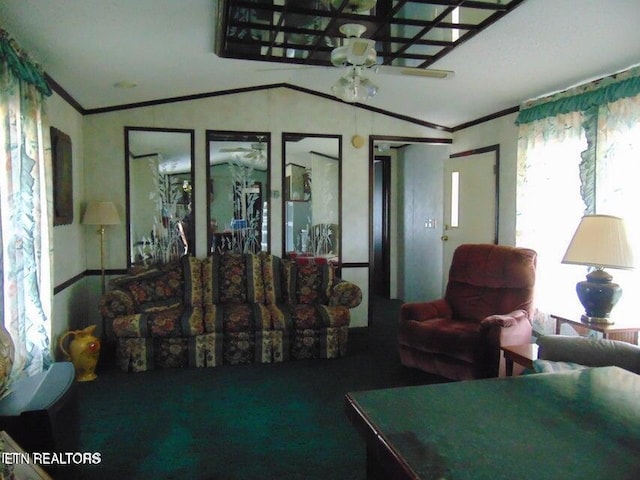 309 Elizabeth Russell Ln, Speedwell, TN 37870 - living room with lofted ceiling, crown molding, and carpet floors