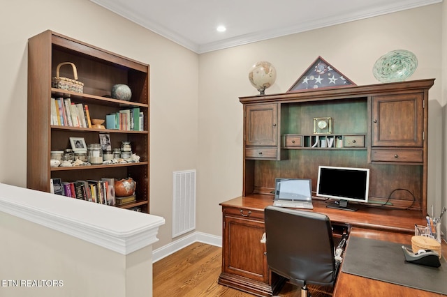 office featuring ornamental molding, light wood-style floors, baseboards, and recessed lighting