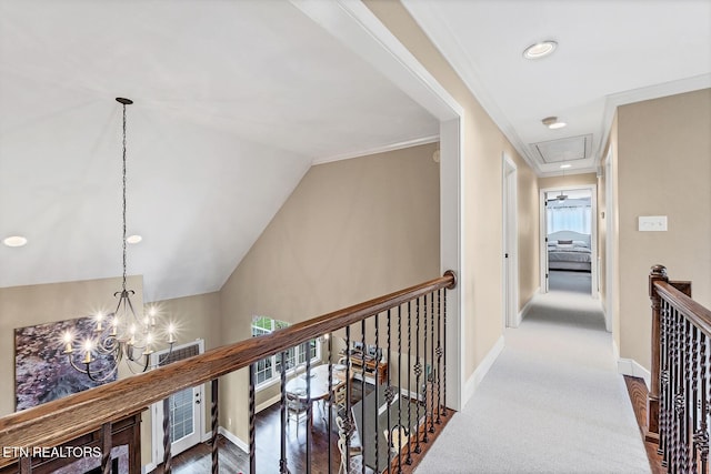 hallway featuring an upstairs landing, a chandelier, baseboards, and recessed lighting