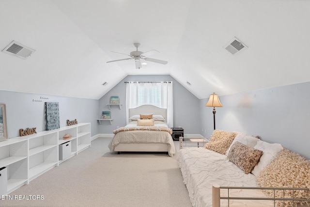 bedroom featuring carpet, vaulted ceiling, and ceiling fan