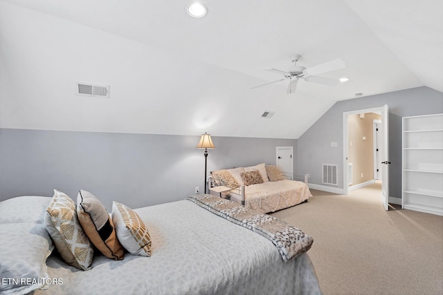 bedroom featuring carpet, vaulted ceiling, baseboards, ceiling fan, and recessed lighting