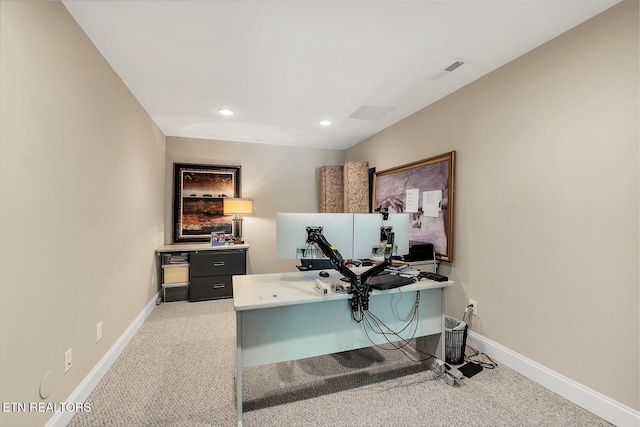 office space featuring light colored carpet, baseboards, and recessed lighting