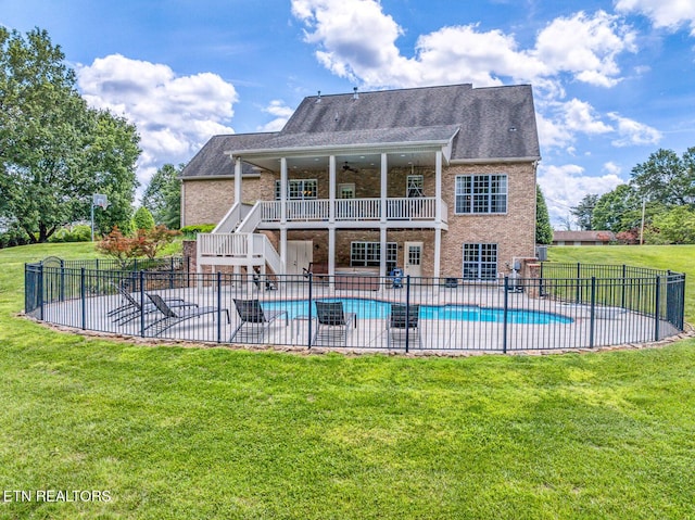 rear view of house featuring a patio area, stairs, ceiling fan, and brick siding