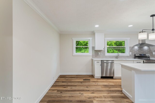 7220 Beelertown Rd, Powell, TN 37849 - kitchen with stainless steel appliances, wall chimney range hood, a sink, decorative backsplash, and ornamental molding