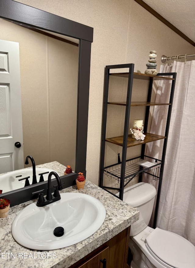 full bathroom with toilet, a shower with curtain, vanity, and lofted ceiling