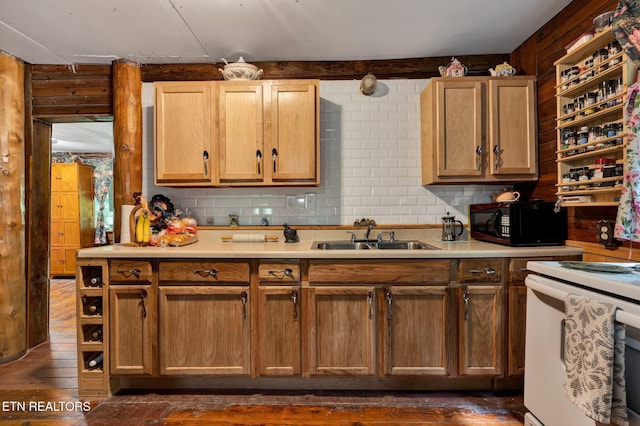 kitchen with white electric range, black microwave, a sink, and dark wood finished floors