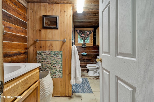 half bath featuring wood walls, toilet, vanity, and wood ceiling