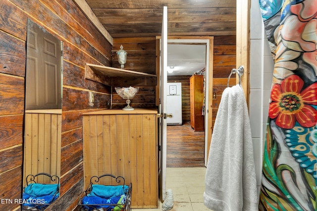 hall with wooden walls and wood ceiling
