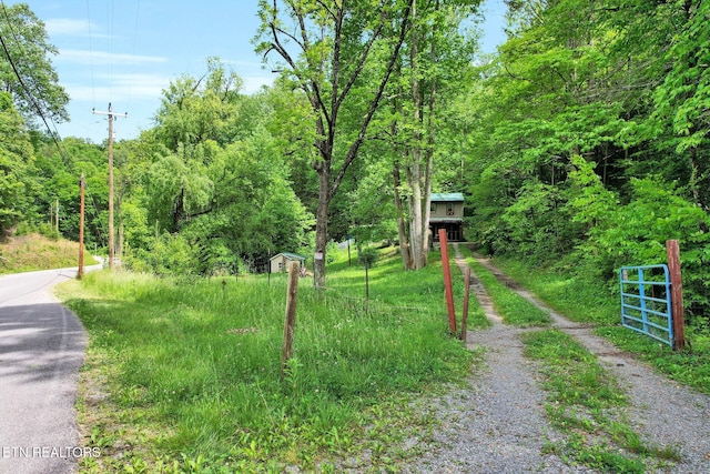 view of dirt / gravel road featuring a gated entry and a view of trees