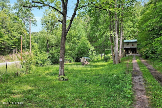 view of yard with an outdoor structure, a storage unit, driveway, and a wooded view