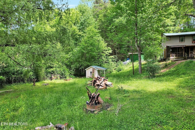 view of yard with an outdoor structure, a shed, and a view of trees