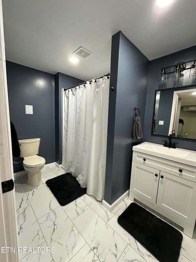 bathroom with marble finish floor, toilet, baseboards, and visible vents