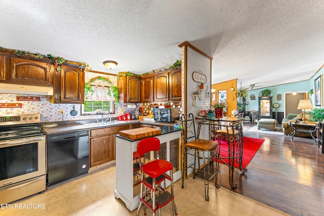 7726 Misty Point Way, Knoxville, TN 37914 - kitchen featuring dishwasher, electric stove, under cabinet range hood, a sink, and a textured ceiling