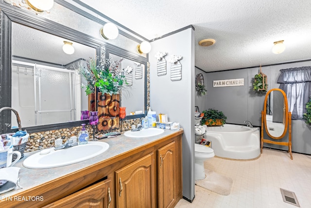 7726 Misty Point Way, Knoxville, TN 37914 - bathroom with a textured ceiling, a garden tub, double vanity, a stall shower, and toilet