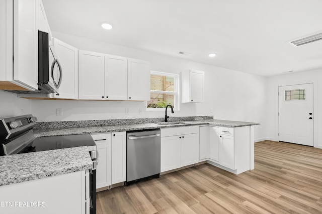 kitchen featuring a peninsula, a sink, stainless steel appliances, white cabinets, and visible vents