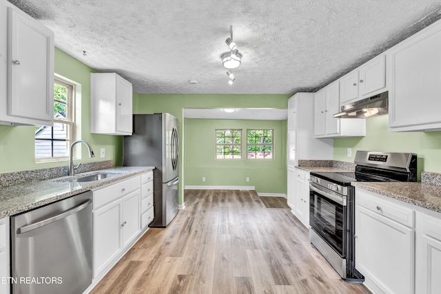 2423 Mccroskey Ave, Knoxville, TN 37917 - kitchen featuring stainless steel appliances, under cabinet range hood, a sink, white cabinetry, and light wood-style flooring