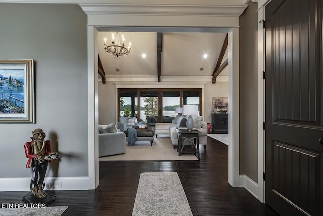 180 Edgewater Way, Lenoir City, TN 37772 - entryway with crown molding, baseboards, a chandelier, dark wood-style flooring, and beamed ceiling