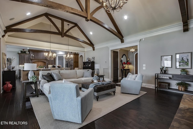 180 Edgewater Way, Lenoir City, TN 37772 - living area with a chandelier, high vaulted ceiling, beam ceiling, baseboards, and wood finished floors