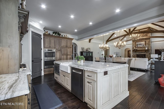 180 Edgewater Way, Lenoir City, TN 37772 - kitchen featuring a sink, arched walkways, stainless steel appliances, a chandelier, and crown molding