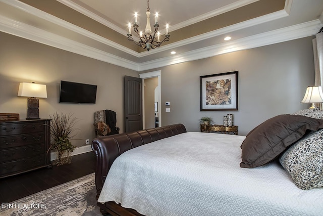 180 Edgewater Way, Lenoir City, TN 37772 - bedroom with dark wood-style floors, a raised ceiling, a chandelier, baseboards, and crown molding