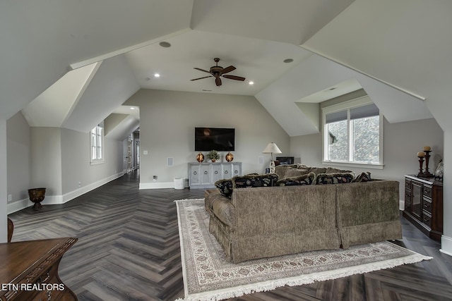 180 Edgewater Way, Lenoir City, TN 37772 - living area with ceiling fan, baseboards, vaulted ceiling, and recessed lighting
