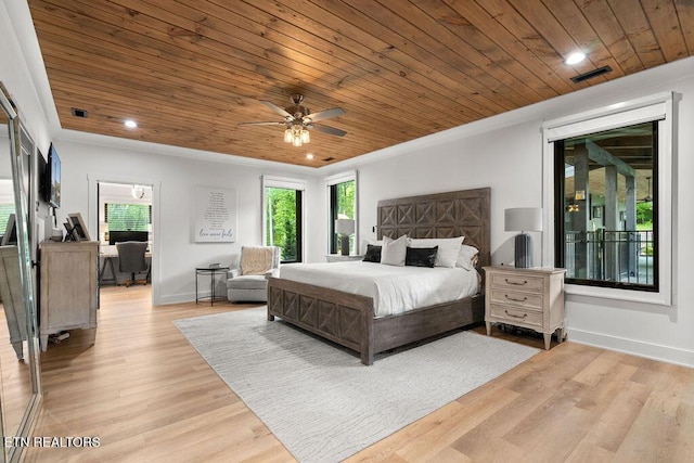 bedroom with baseboards, visible vents, and wood ceiling